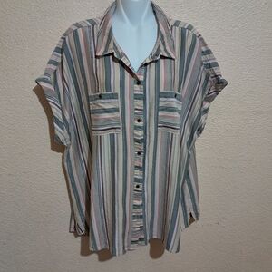 Westbound Striped Button-Front Short Sleeve Top in Multi-Color Women Size XL